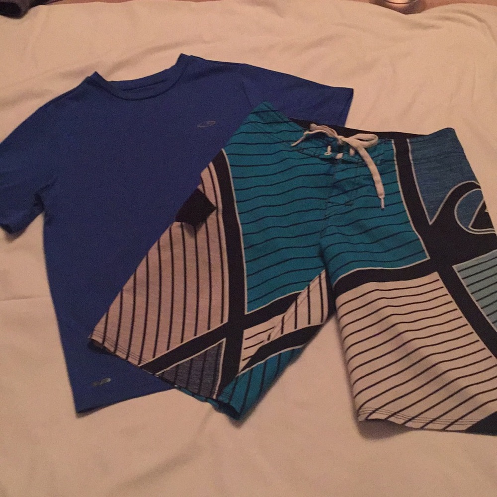 Boys  Quick Silver swim wear and Champion top